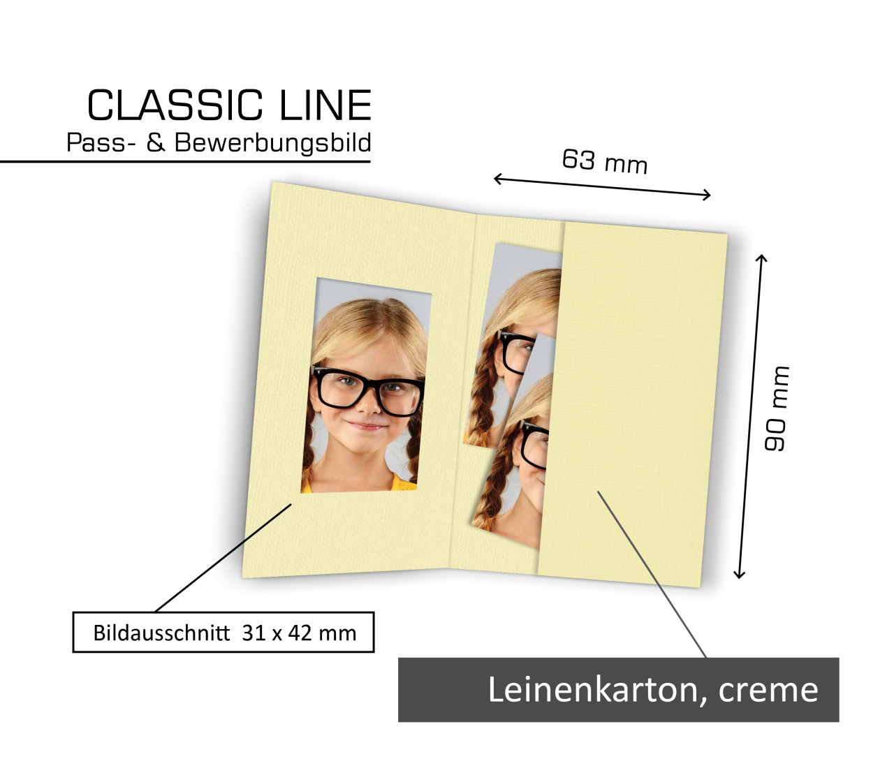 Pass- und Bewerbungsbildmappe CLASSIC-LINE, 100 Stück, Leinenkarton creme